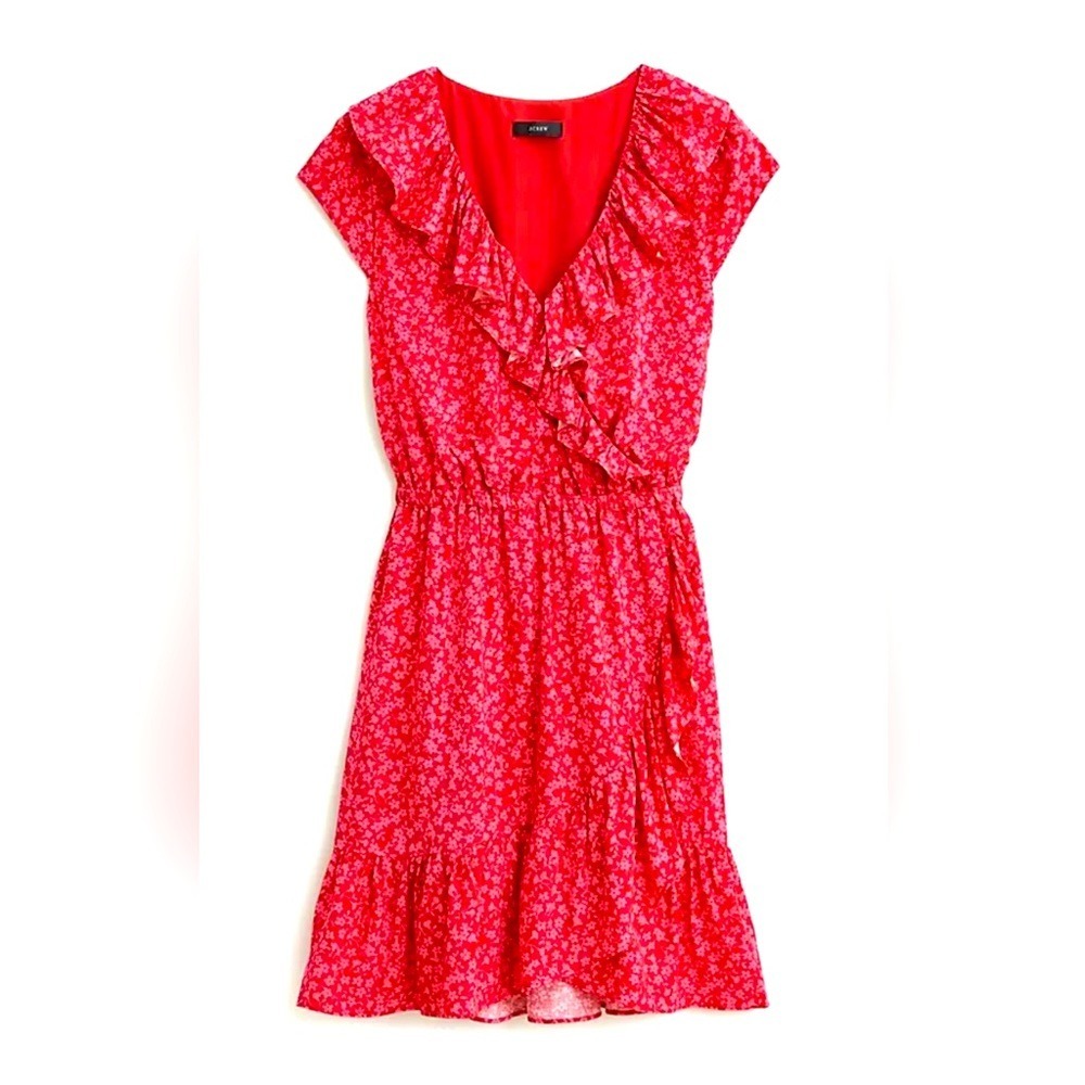 J Crew Red Pink Floral Tossed Bouquet Ruffle Dress Faux Wrap V‎ Neck Sz 6